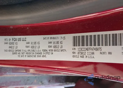 2015 Chrysler 200 Limited from USA, damaged, VIN 1C3CCCAB7FN749075